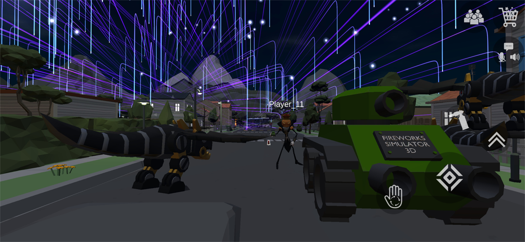 3D gameplay scene with a tank and robotic dinosaur under purple fireworks