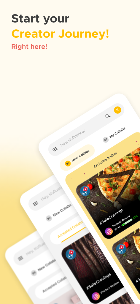 Kofluence app interface showing brand collaboration opportunities for social media creators