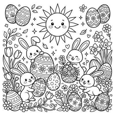 Welcome the morning sun with this joyful Easter coloring page featuring adorable bunnies, beautifully decorated eggs, and cheerful spring flowers. Dive into a delightful scene perfect for celebrating new beginnings and creative expression.