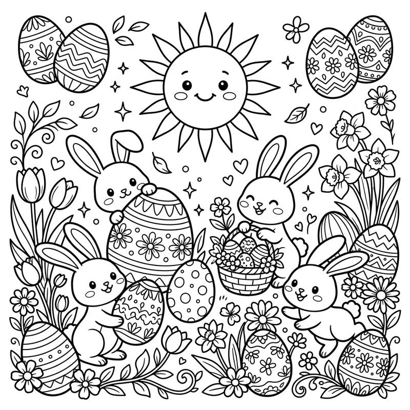 Welcome the morning sun with this joyful Easter coloring page featuring adorable bunnies, beautifully decorated eggs, and cheerful spring flowers. Dive into a delightful scene perfect for celebrating new beginnings and creative expression.