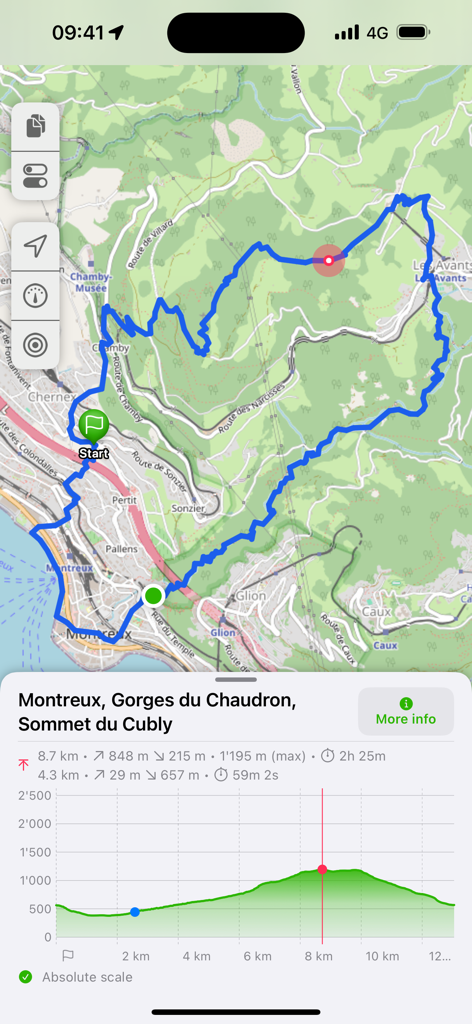GPX viewer 2 - Un sendero de senderismo azul en un mapa topográfico con un gráfico detallado del perfil de elevación en GPX viewer 2