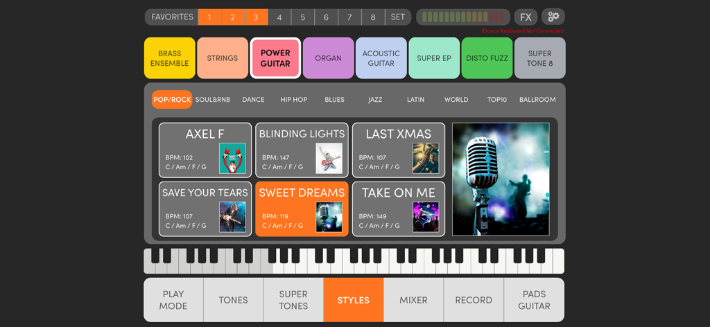 LIVEJAM - Interfaz de la aplicación LIVEJAM que muestra varios estilos musicales y progresiones de acordes para un piano virtual.