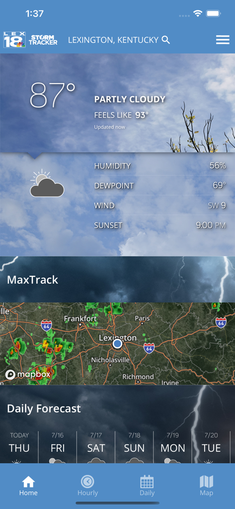 LEX18 Storm Tracker weather app showing current conditions and local radar for Lexington Kentucky