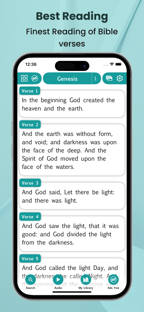 KJV Apocrypha - 智能手机屏幕，显示KJV伪经移动应用程序中的创世记第一章经文。