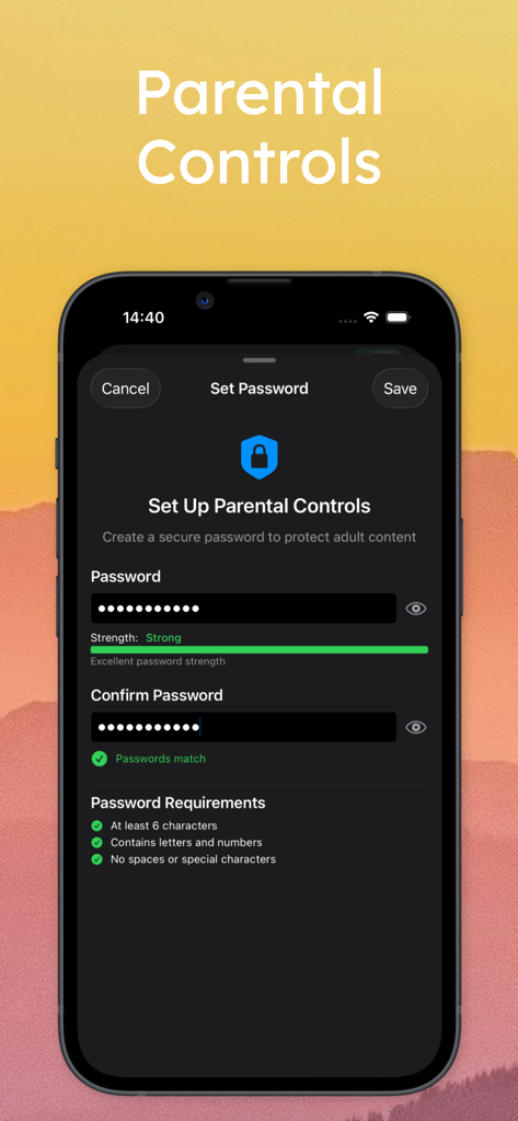 Maximus: IPTV Player M3U Cast - Setup screen for Parental Controls in the Maximus IPTV Player app showing password creation for content protection.