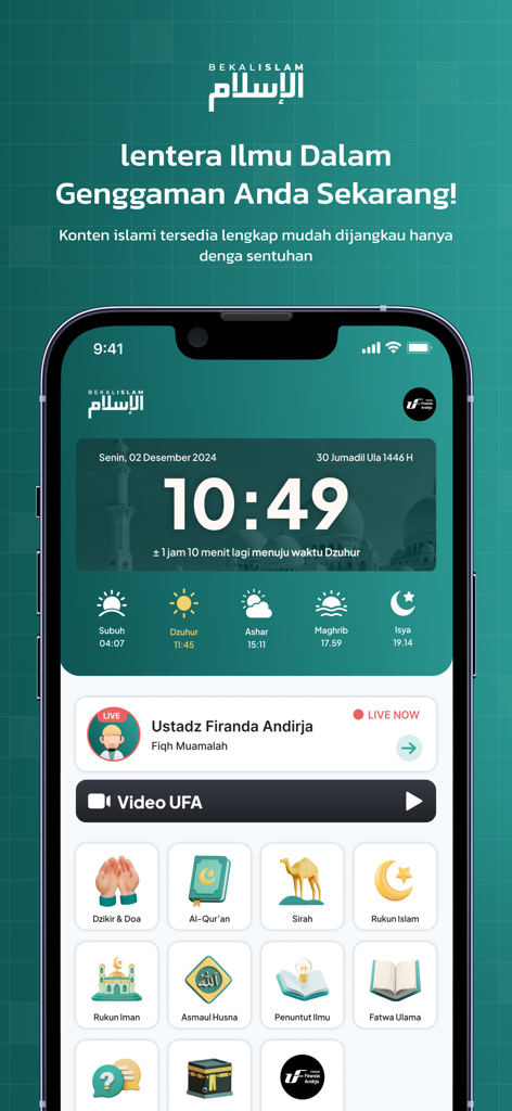 Bekal Islam mobile app home screen showing prayer times and Islamic learning categories