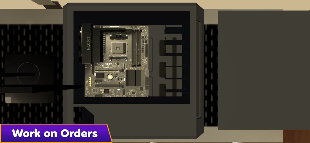 PC Simulator-Assemble Computer - Uma vista de cima de uma caixa de PC com uma motherboard instalada dentro de um jogo de simulação de montagem de PC.