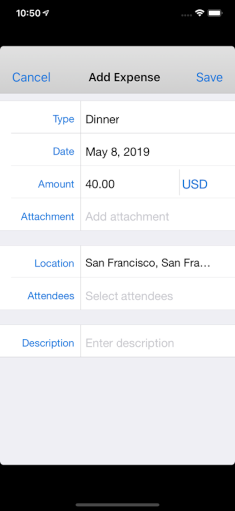 Oracle Fusion Expenses - Oracle Fusion Expenses mobile app interface showing the Add Expense screen with fields for type, date, amount, and location.