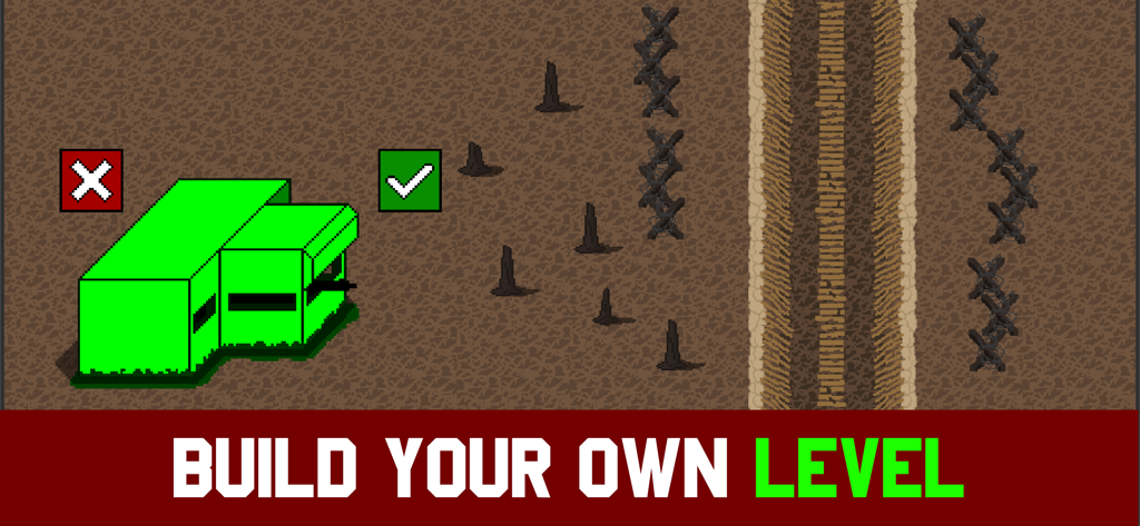 Editor de niveles en Trench Warfare 1917 mostrando el modo sandbox creativo con un búnker verde siendo colocado en un campo de batalla pixelado