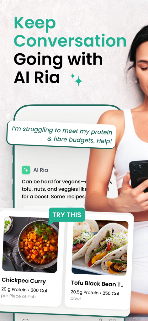 User chatting with AI Ria in the Healthify app for personalized vegan meal suggestions with calorie and protein data.