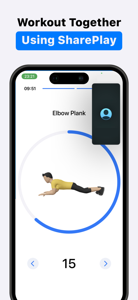 Calisthenics Coachy - Interface de l'application Calisthenics Coachy montrant un exercice de planche de coude avec la fonctionnalité d'entraînement de groupe SharePlay.