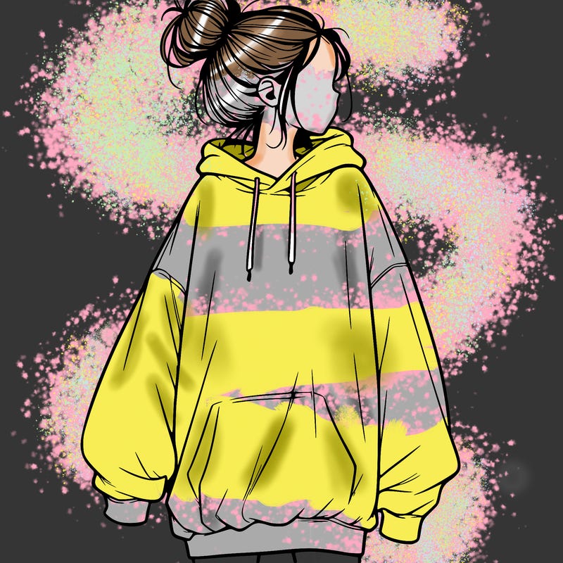 realistic girl with a oversized sweatshirt on and a bun