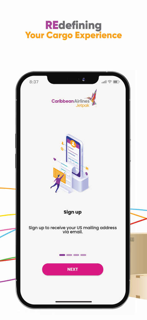 Caribbean Jetpak - Caribbean Jetpak app onboarding screen showing the sign up step to receive a US mailing address