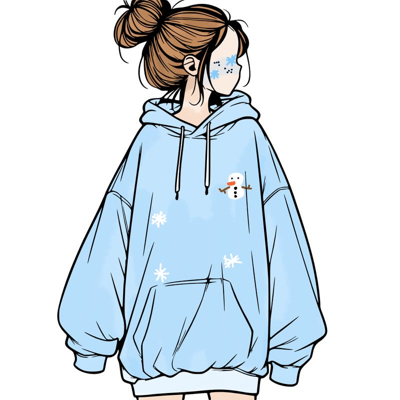 realistic girl with a oversized sweatshirt on and a bun