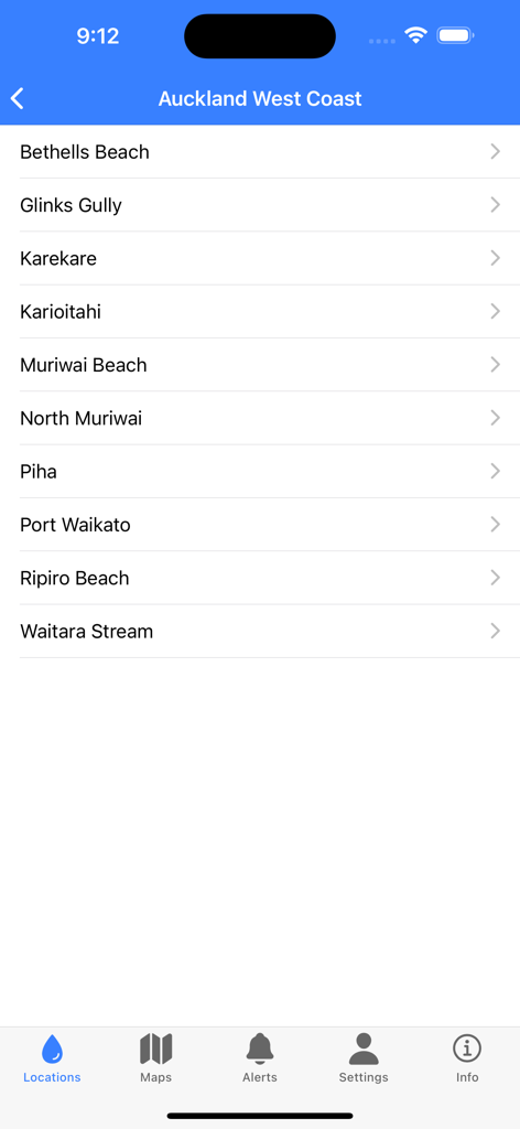 SwellMap Surf - SwellMap Surf app screen displaying a list of surfing locations for Auckland West Coast including Piha and Muriwai Beach.