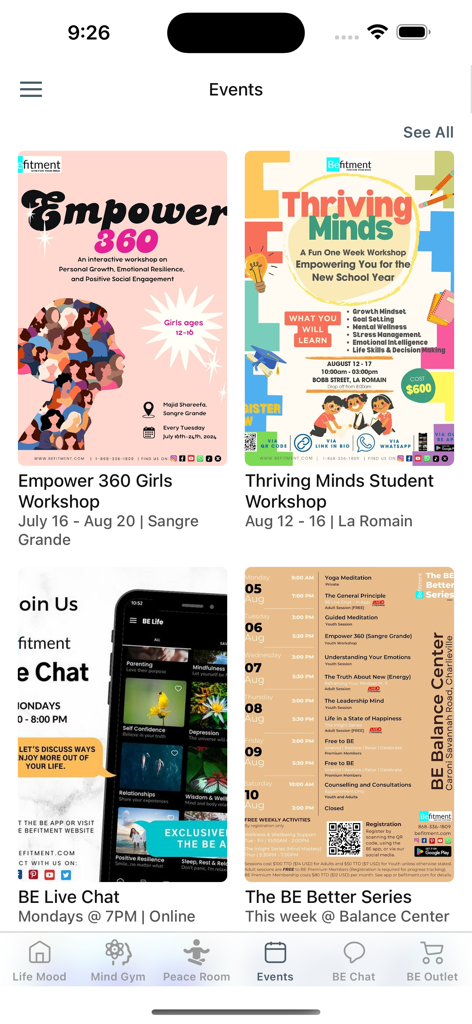 BE by Befitment - BE by Befitment app screen showing wellness workshops and community events for personal growth.