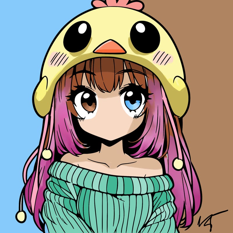 anime girl with chick shaped hat with sweater with bare shoulders with bangs covering them one eye with low tail
