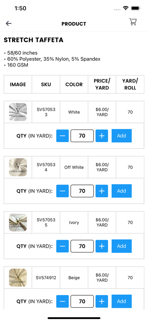 Wholesale product page for stretch taffeta fabric with color variants and pricing in the Vogue Fabrics app