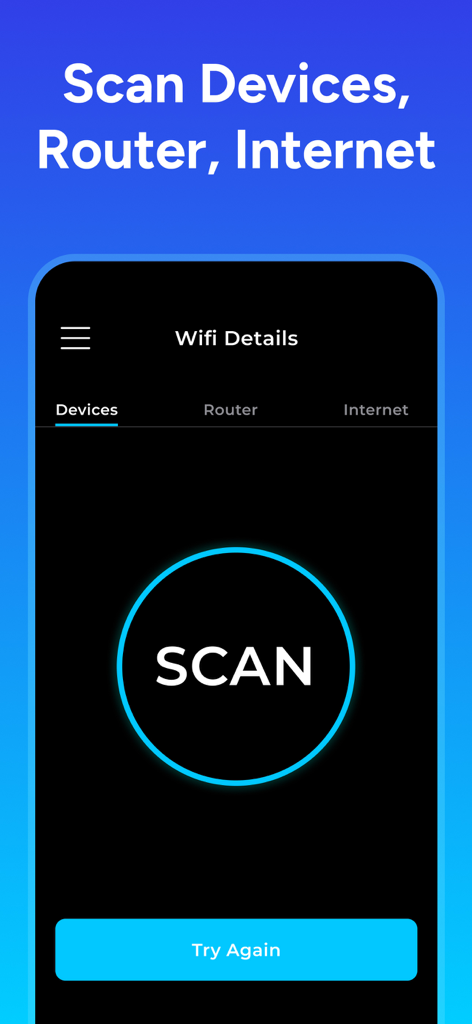 Wifi Analyzer: Network Scanner - Wifi Analyzer app interface with a large scan button for network devices