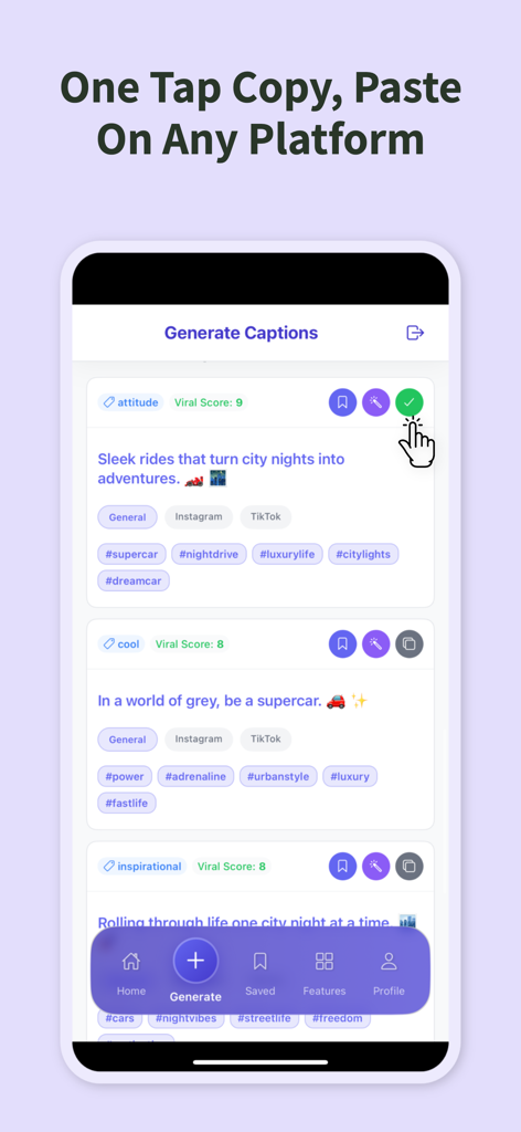 Mobile app interface showing AI generated captions for social media with viral scores and easy copy functionality