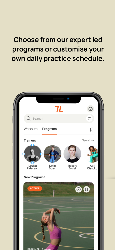 TrainLikeBallerina app interface displaying a list of expert ballet trainers and workout programs