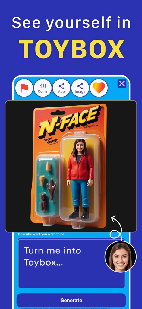 How Old Do I Look - Future Me - ユーザーの自撮りに基づいてAI生成されたアクションフィギュアのおもちゃを表示するアプリインターフェース。