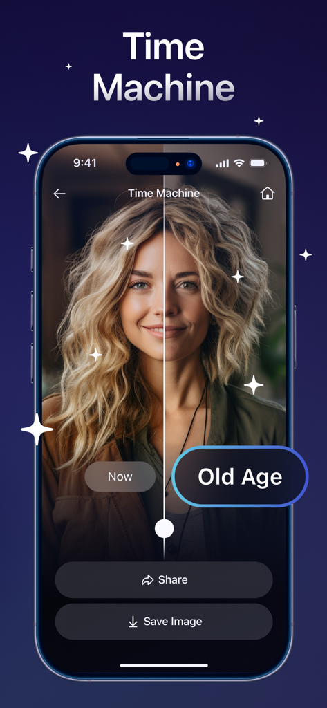 Future Baby Face Generator AI - A split screen comparison of a woman face using the AI face aging filter in the Time Machine feature