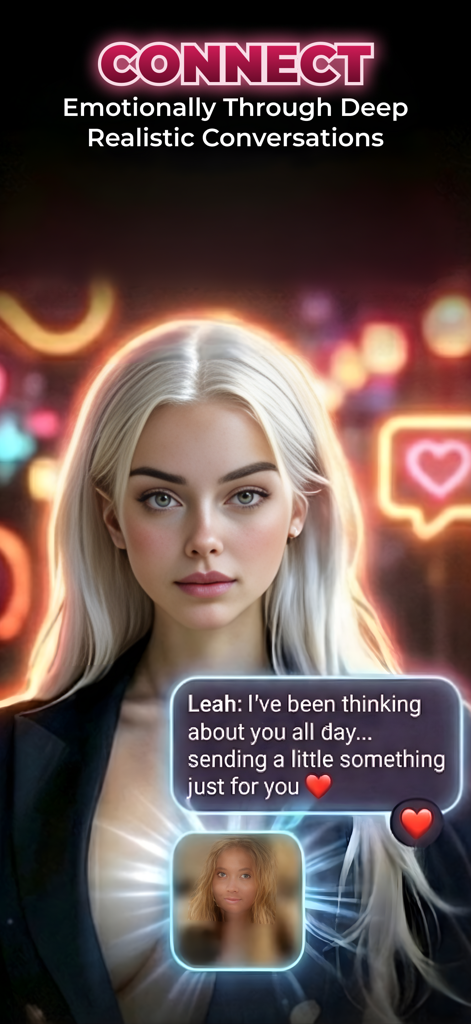 AI Dating: Blush - Screenshot of Blush AI dating app featuring a blonde AI companion named Leah engaging in a realistic emotional conversation.