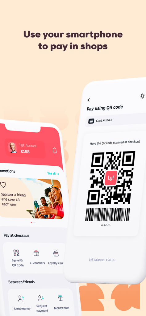 Lyf Pay App-Oberfläche, die einen QR-Code zum Bezahlen in Geschäften mit einem Smartphone zeigt