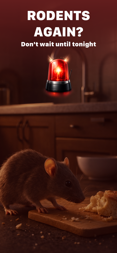 Rodent Repellent - A mouse on a kitchen counter next to bread with a red siren alert icon