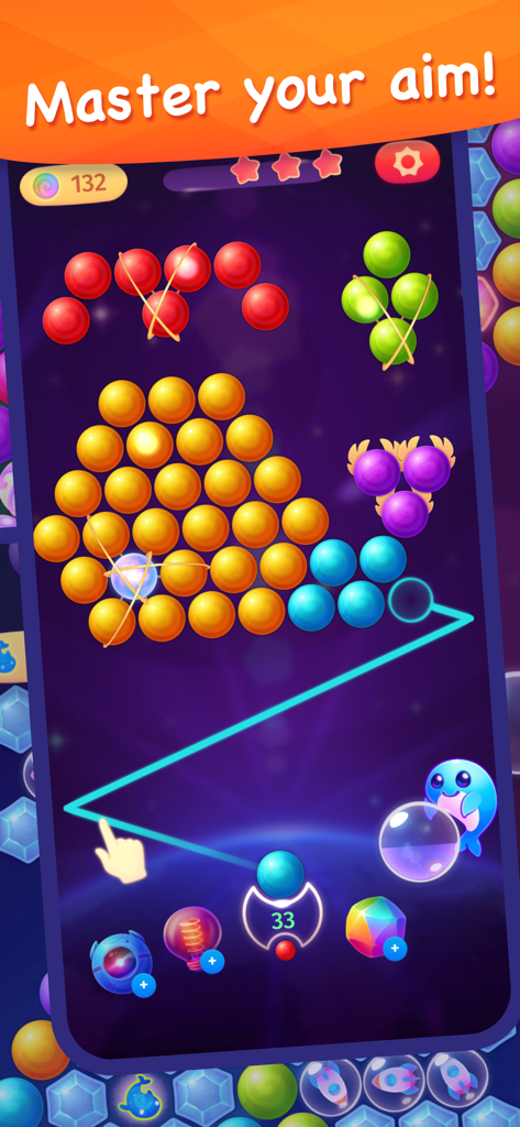 다채로운 우주 배경에서 버블 조준 메커니즘을 보여주는 스페이스 웨일 버블 슈터 게임플레이