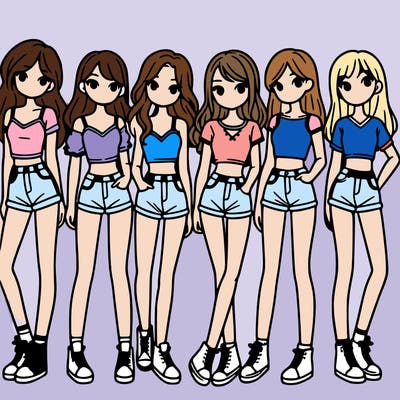 a group of girls wearing crop tops and shorts