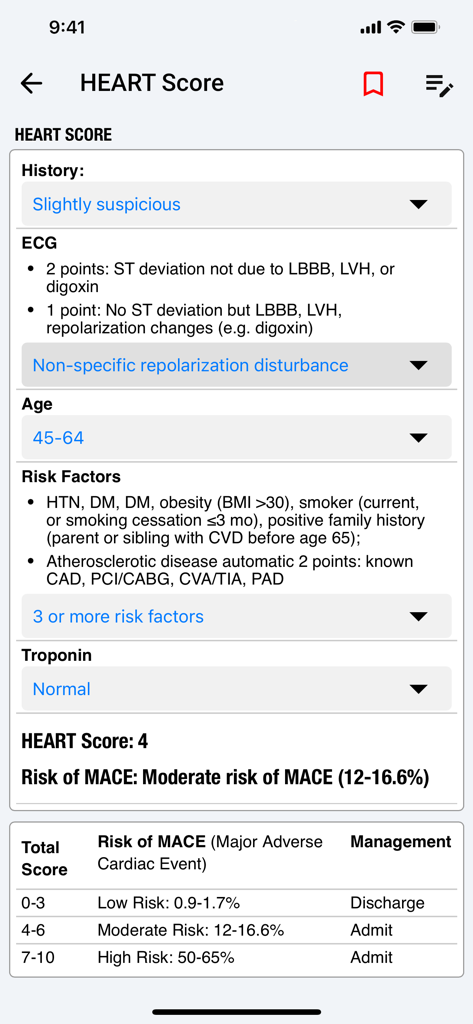 palmEM AI: EM Quick Reference - HEART Score clinical calculator within the palmEM AI mobile app showing risk assessment for Major Adverse Cardiac Events