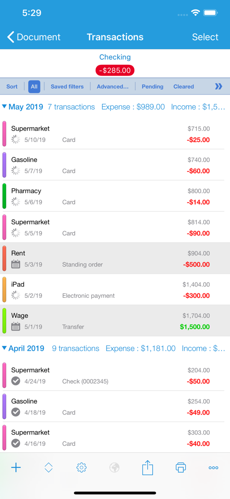 iCompta 6 - Iphone app screen displaying a detailed transaction list with categorized expenses and income for personal accounting