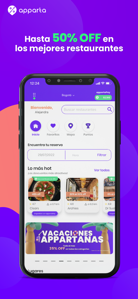 Apparta - Écran d'accueil de l'application mobile Apparta montrant les réservations de restaurants et les réductions sur les repas jusqu'à 50 %.
