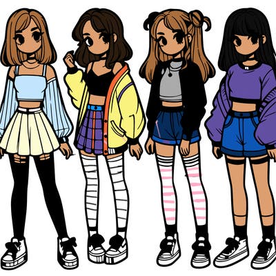 one girl with crop-top shirt and a jacket with a skirt, long socks and another girl with a shirt and pants with a jacket