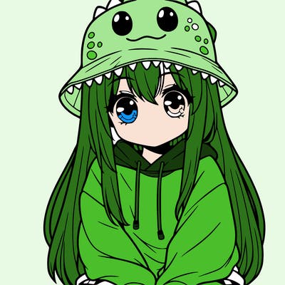 girl with anime shaped eyes with a dinosaur bucket hat oversized sweatshirt long straight hair