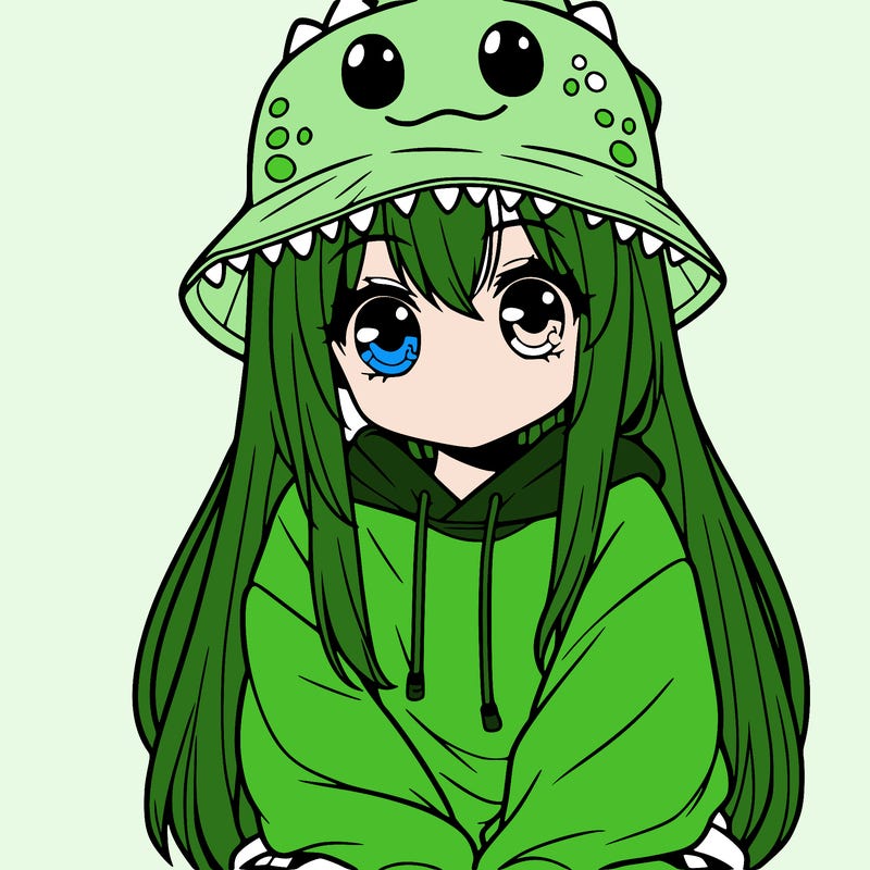 girl with anime shaped eyes with a dinosaur bucket hat oversized sweatshirt long straight hair