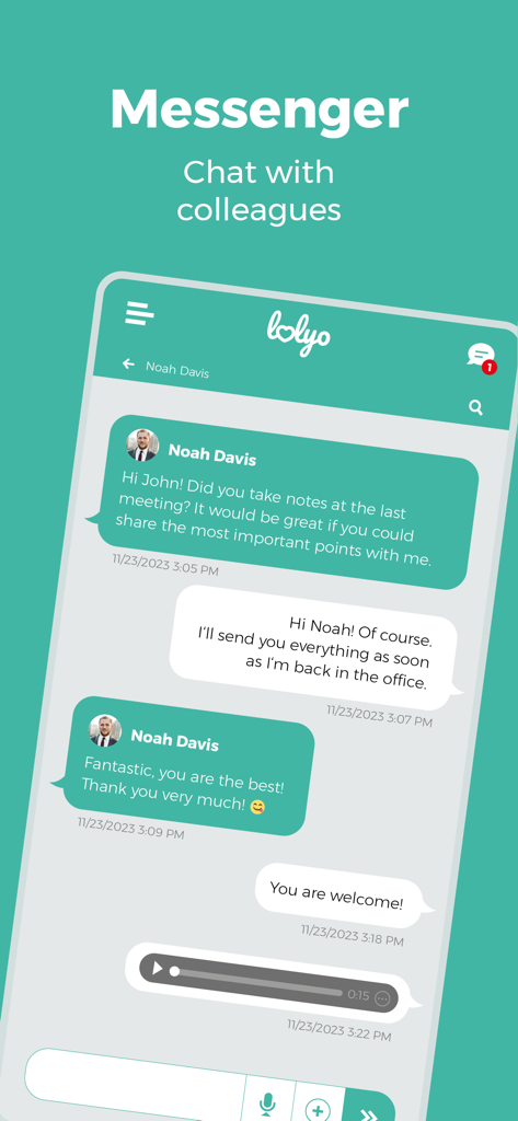Interfaccia del messenger interno dell'app LOLYO che mostra una chat tra colleghi.