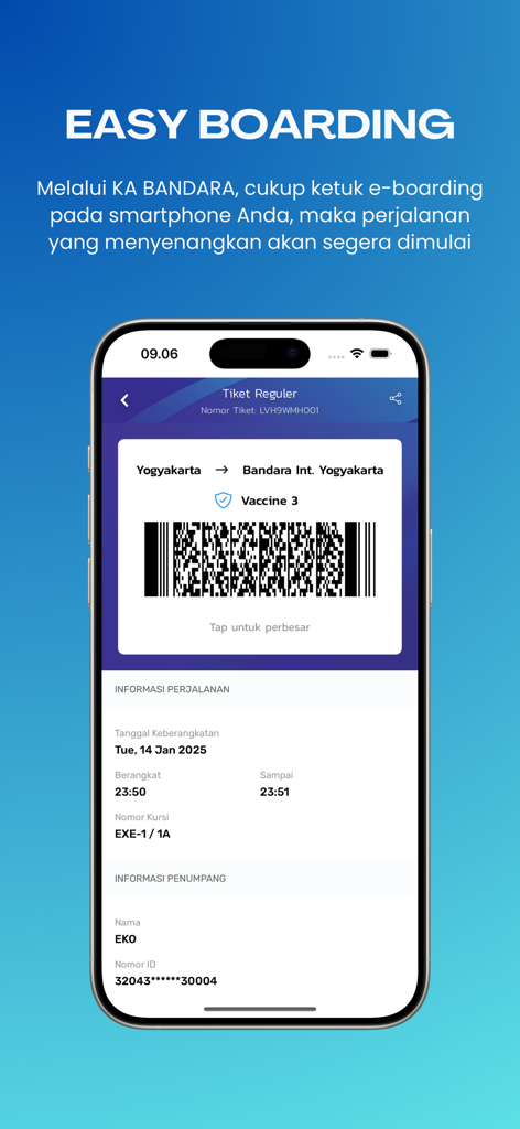 KA Bandara - Passe de embarque eletrônico digital no aplicativo móvel KA Bandara para uma viagem de trem de Yogyakarta para o aeroporto
