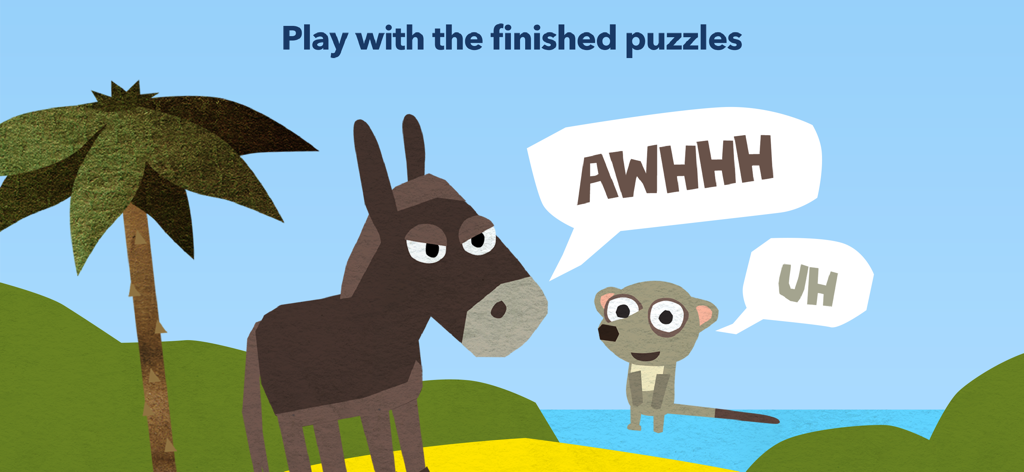 Fiete Puzzle - KidsKlub - Hand-illustrated scene from Fiete Puzzle featuring a donkey and a meerkat with speech bubbles