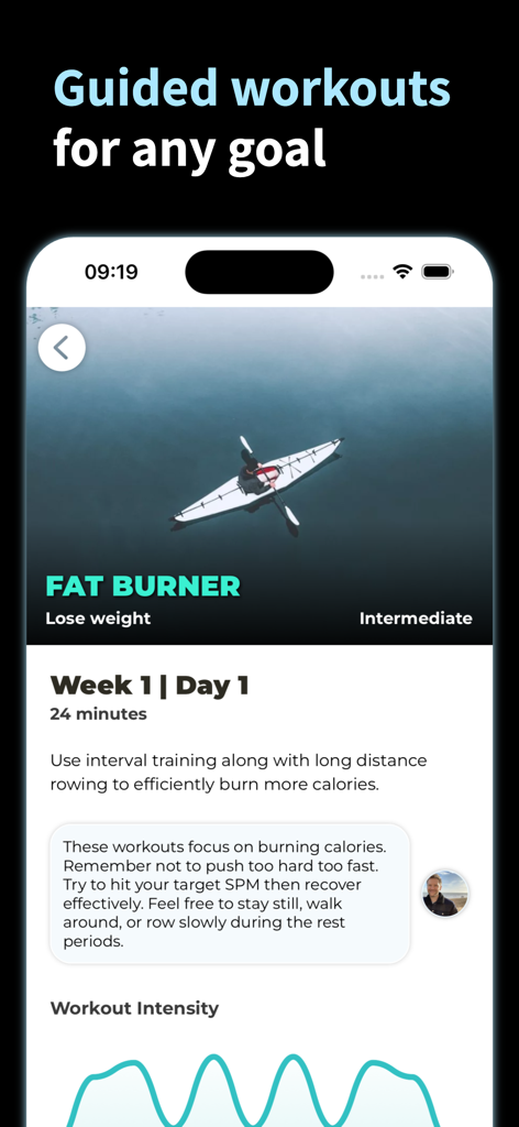 Rowing Machine Workouts - Rowing app interface showing a fat burner workout plan and intensity chart.