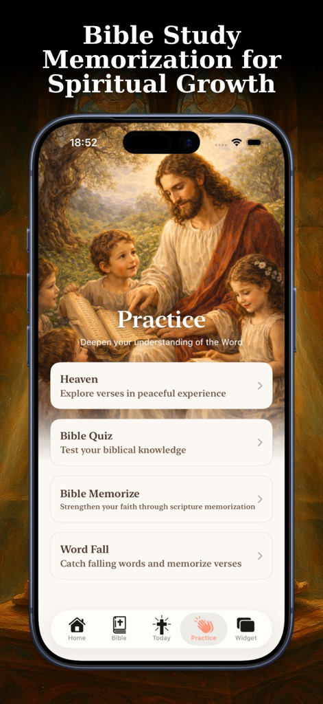 Bible Widget Verse of the Day - Interface of the Bible Widget app showing study and memorization tools like Bible Quiz and Word Fall