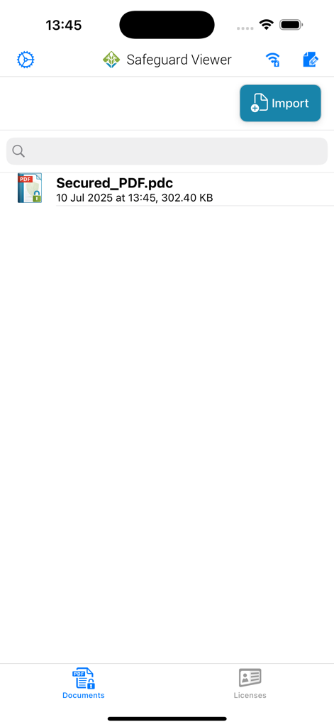 Locklizard Safeguard Viewer app displaying a list of secured PDC documents on the documents screen.