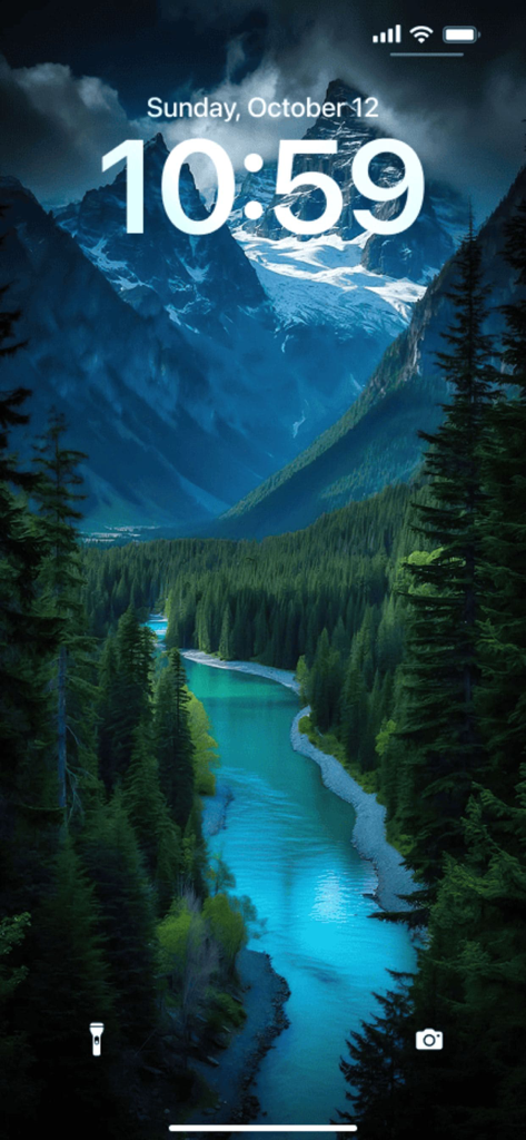 Aesthetic Wallpaper: MoodyWall - Pantalla de bloqueo de iPhone con un fondo de pantalla de paisaje de alta definición con una montaña nevada y un río turquesa