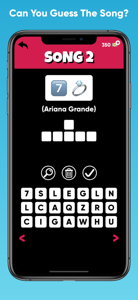 Guess the Song:  Music Quiz - Ein mobiler Screenshot des Spiels Rate das Lied, der ein Emoji-Rätsel für einen Hit von Ariana Grande zeigt.