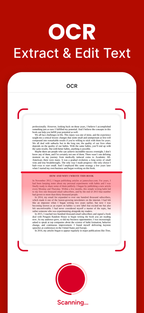 PDF Editor - Fill, Edit & Sign - Mobile app interface showing OCR feature to extract and edit text from a scanned document.