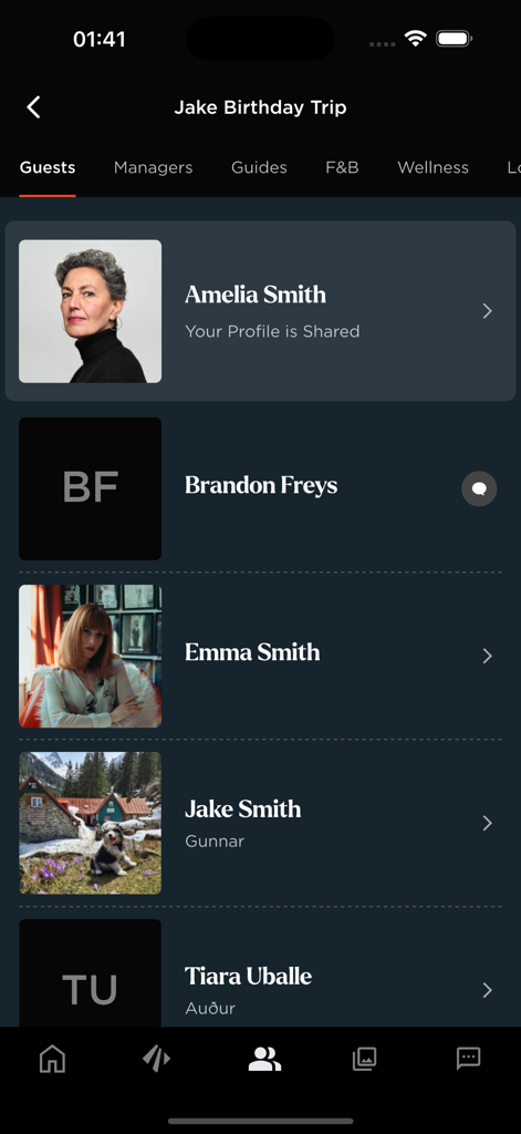 Eleven Experience - A list of guests for a group trip displayed on the Eleven Experience app interface.
