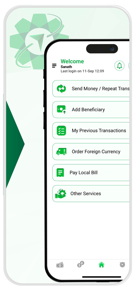 Al Mulla Exchange - Menu principale dell'app mobile Al Mulla Exchange con opzioni per inviare denaro e ordinare valuta