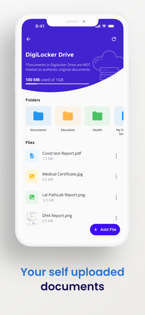 DigiLocker Drive 인터페이스, 폴더 및 직접 업로드한 의료 및 교육 문서 표시